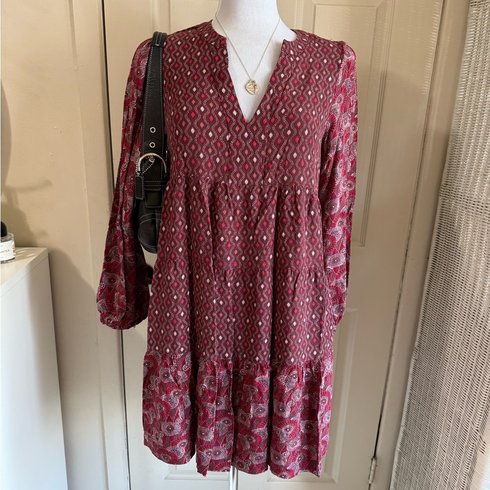 Anthropologie Burgundy Printed V-Neck Tiered Long Sleeve Dress